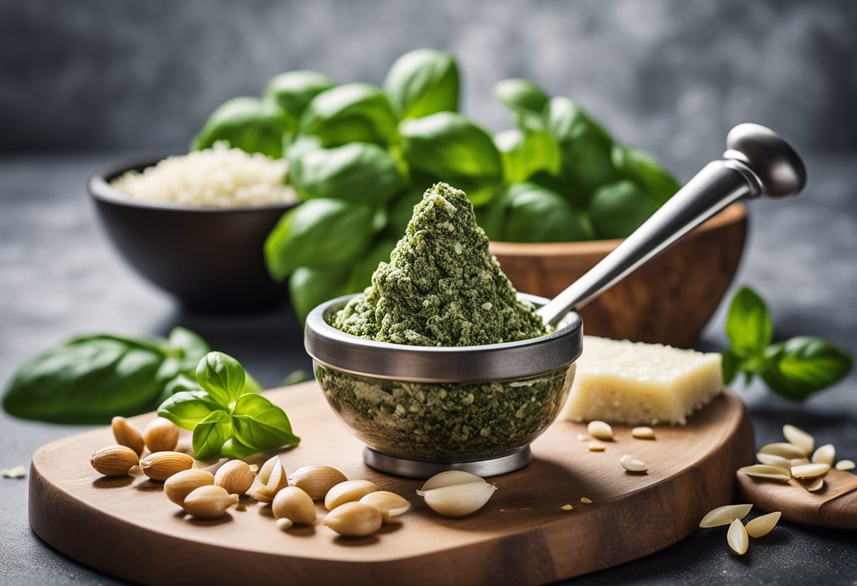 Um pilão e um socador triturando manjericão fresco, alho, pinhões e queijo parmesão, com um fio de azeite, criando um autêntico pesto genovês.