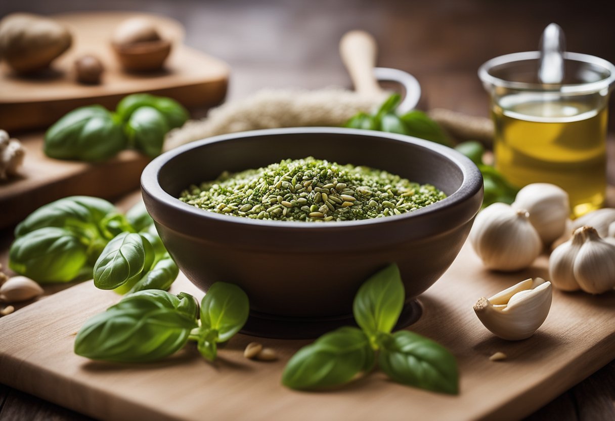 Uma cena de cozinha tradicional com manjericão fresco, pinhões, alho e azeite, com um pilão e um socador sendo usados para preparar o autêntico Pesto Genovese.