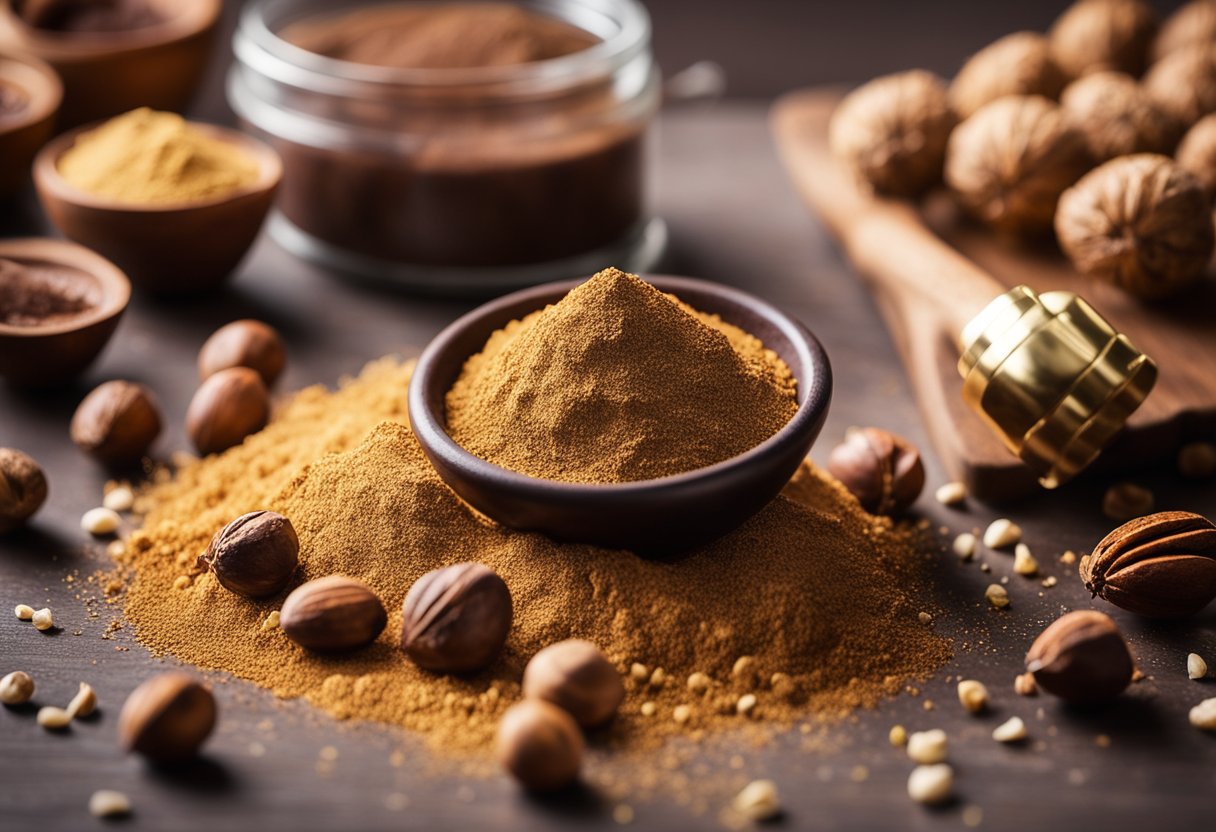 Uma bancada de cozinha rústica com ingredientes espalhados, incluindo cacau em pó, avelãs e um shaker de pó dourado, pronta para fazer trufas italianas.