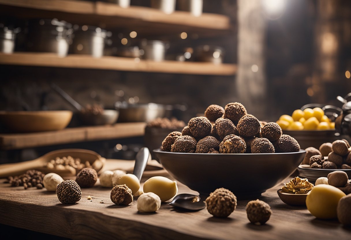 Uma bancada de cozinha rústica adornada com trufas italianas recém-colhidas, ao lado de uma variedade de ingredientes simples e utensílios para criar pratos deliciosos.