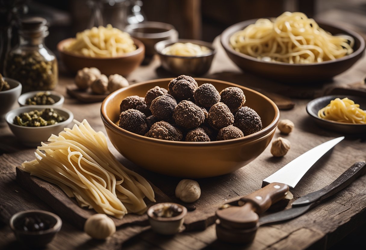 Uma cozinha rústica com uma mesa de madeira adornada com trufas italianas recém-colhidas, uma faca de chef e uma tigela de macarrão caseiro.