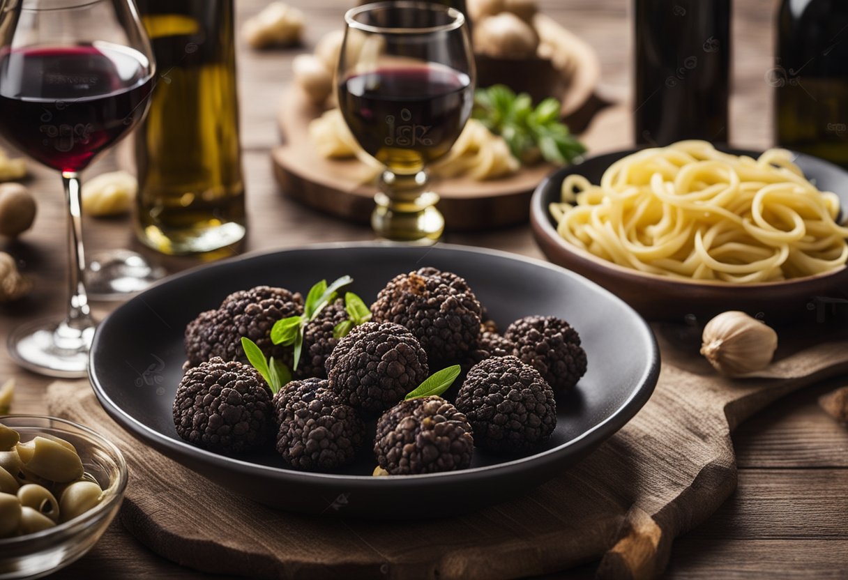 Uma mesa rústica de madeira adornada com trufas frescas, alho e azeite, cercada por tigelas de massa e uma garrafa de vinho tinto