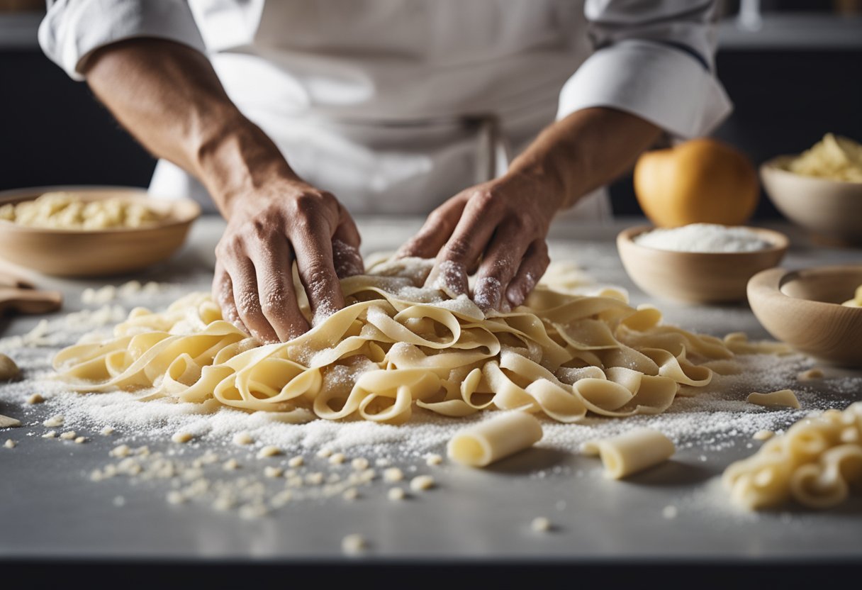 Um chef amassando e cortando massa de macarrão fresca em uma superfície enfarinhada, com várias ferramentas de cozinha e ingredientes espalhados ao redor.