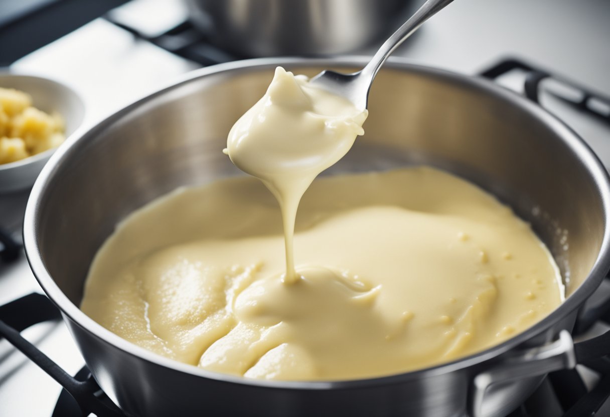 Uma panela no fogão, com leite, farinha e manteiga sendo misturados para criar um molho bechamel cremoso para lasanhas e gratinados.