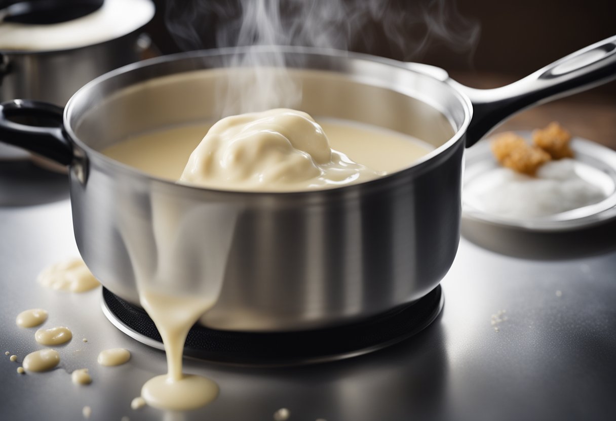 Uma panela de molho bechamel cremoso sendo mexida em fogo baixo, com vapor subindo e um batedor descansando na borda.