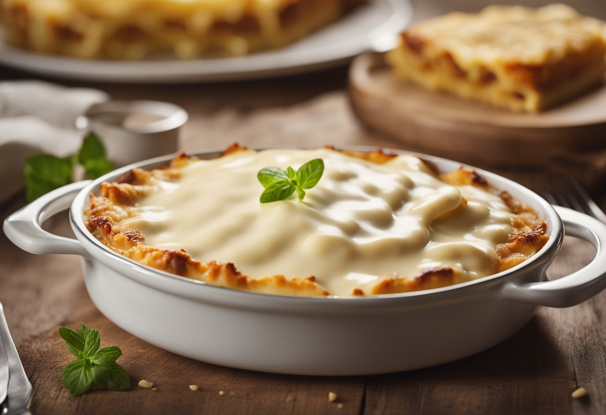 Um molho bechamel cremoso sendo derramado sobre uma lasanha ou prato gratinado, com vapor subindo do molho quente e borbulhante.