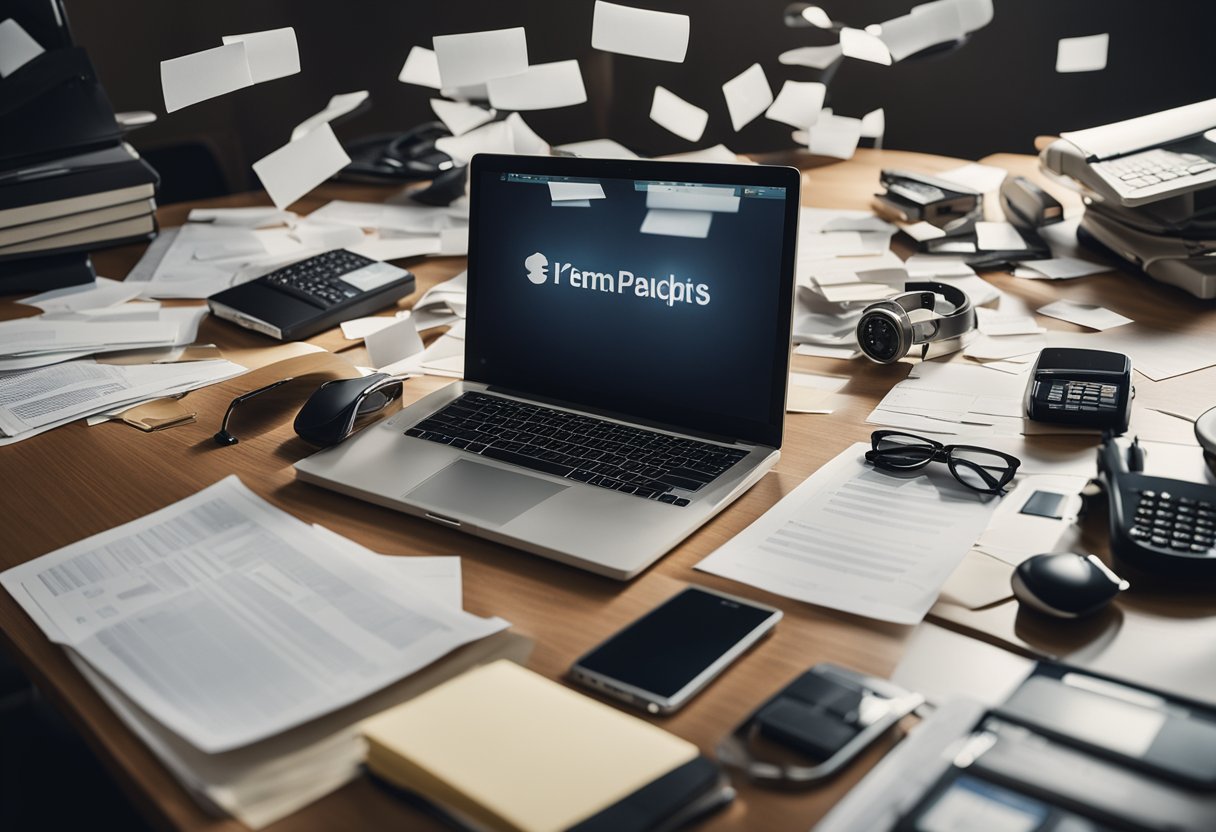 A cluttered desk with scattered papers, a computer screen displaying multiple tabs, and various objects reflecting light