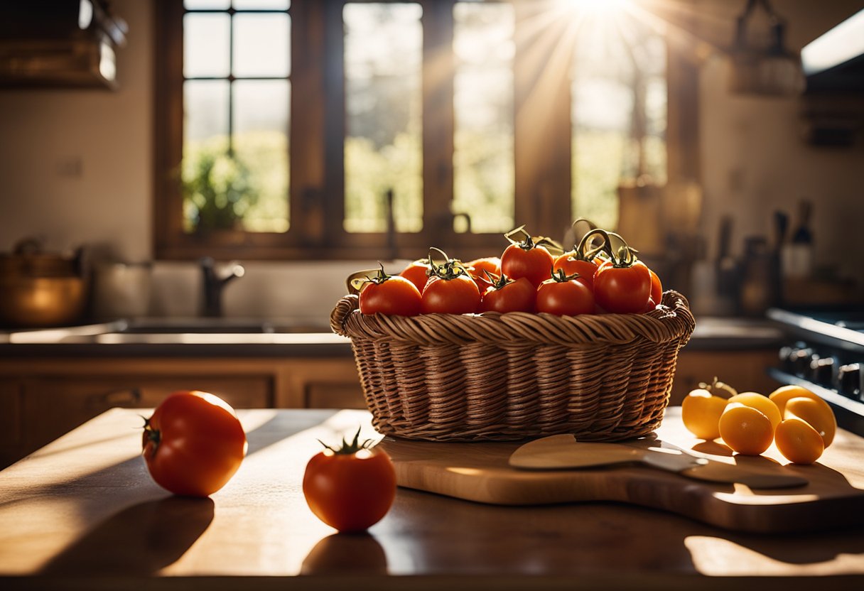 Uma cozinha rústica italiana com uma cesta de tomates San Marzano, uma tábua de cortar e uma faca de chef. A luz do sol entra por uma janela, lançando um brilho quente na cena.