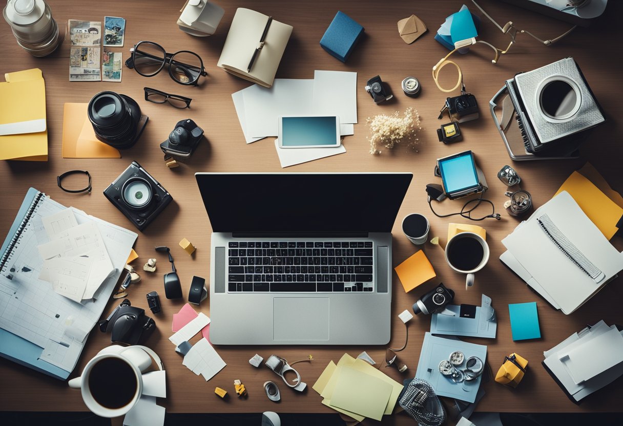 A cluttered desk with scattered papers, unfinished projects, and various distractions like toys, gadgets, and colorful objects