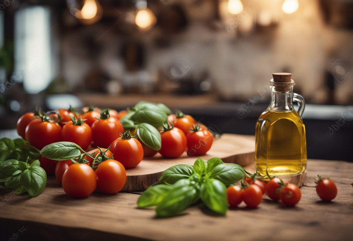 Uma cozinha italiana rústica com uma mesa de madeira adornada com tomates San Marzano frescos, uma garrafa de azeite e um maço de manjericão