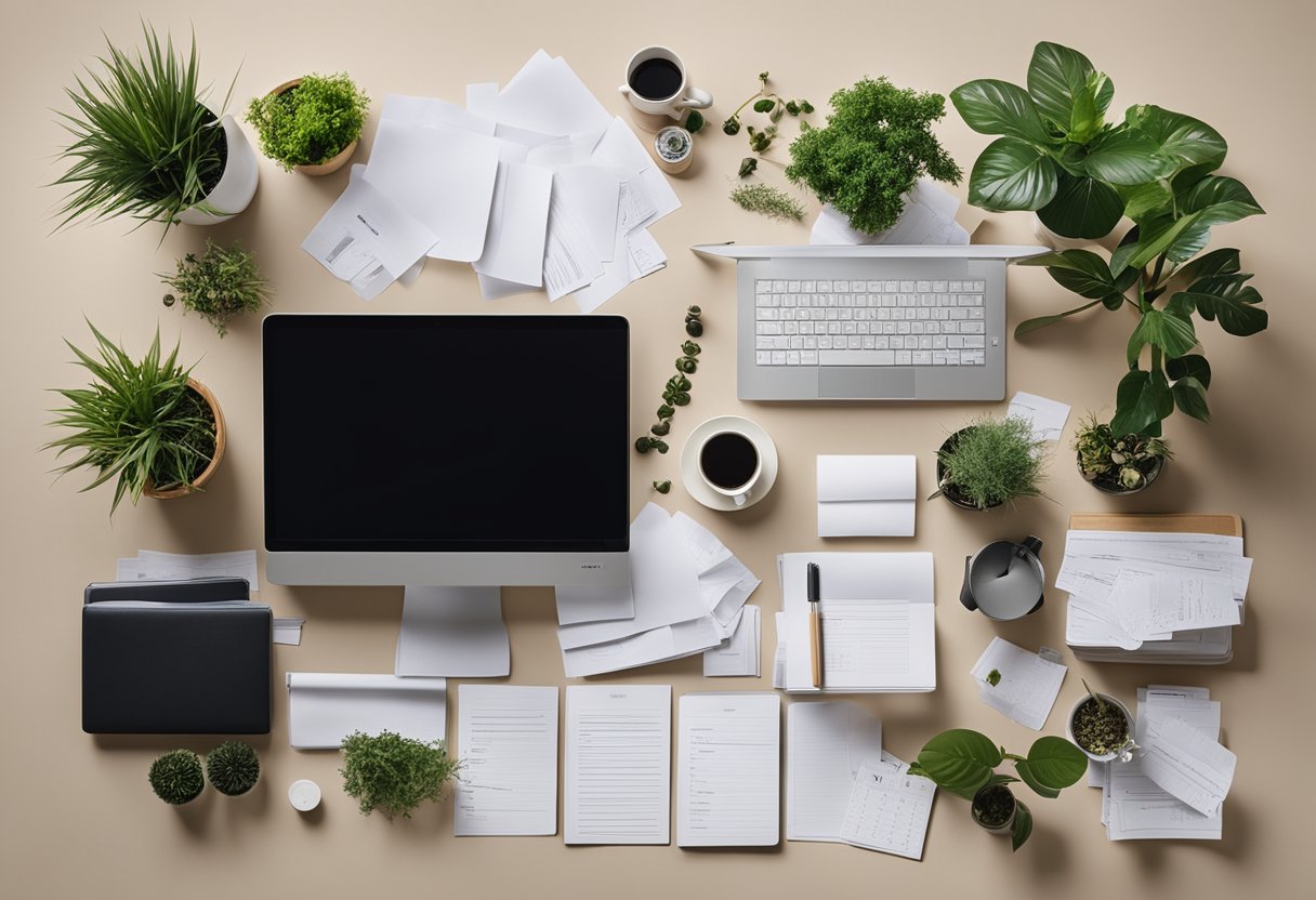 A cluttered desk with scattered papers, plants, and various objects. A person sits with a furrowed brow, surrounded by swirling thoughts and distractions