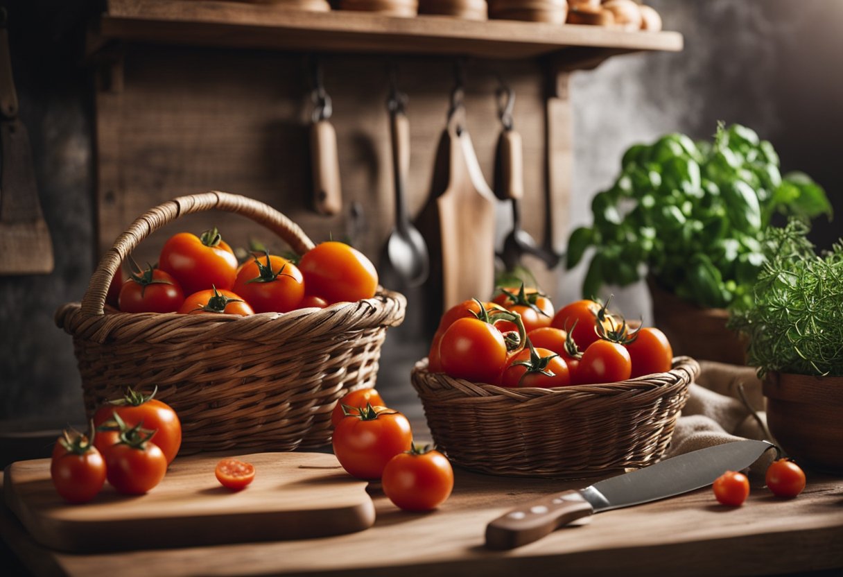 Uma cozinha italiana rústica com uma cesta de tomates San Marzano maduros, uma tábua de cortar de madeira e uma faca de chef pronta para uso