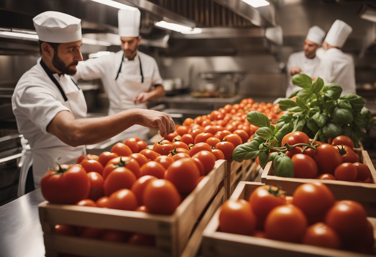 Uma movimentada cozinha italiana com um chef cuidadosamente selecionando tomates San Marzano maduros de uma caixa de madeira, prontos para serem transformados em um prato italiano clássico.