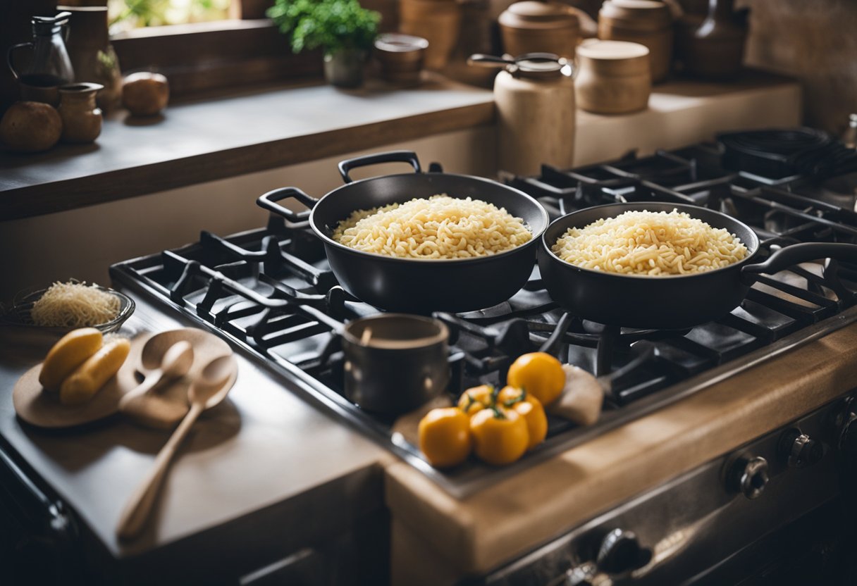 Uma cozinha rústica no Lácio, com uma panela borbulhante de cacio e pepe no fogão, cercada por ingredientes frescos e utensílios de cozinha tradicionais.