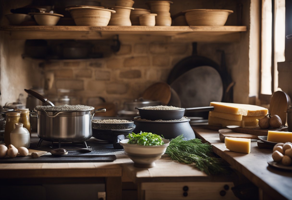 Uma cozinha rústica na Lazio, Itália, com mesas de madeira envelhecida e prateleiras cheias de ingredientes locais como queijo Pecorino Romano e pimenta-do-reino. Uma panela com água fervente está no fogão, pronta para o preparo do tradicional prato de massa Cacio e Pepe.