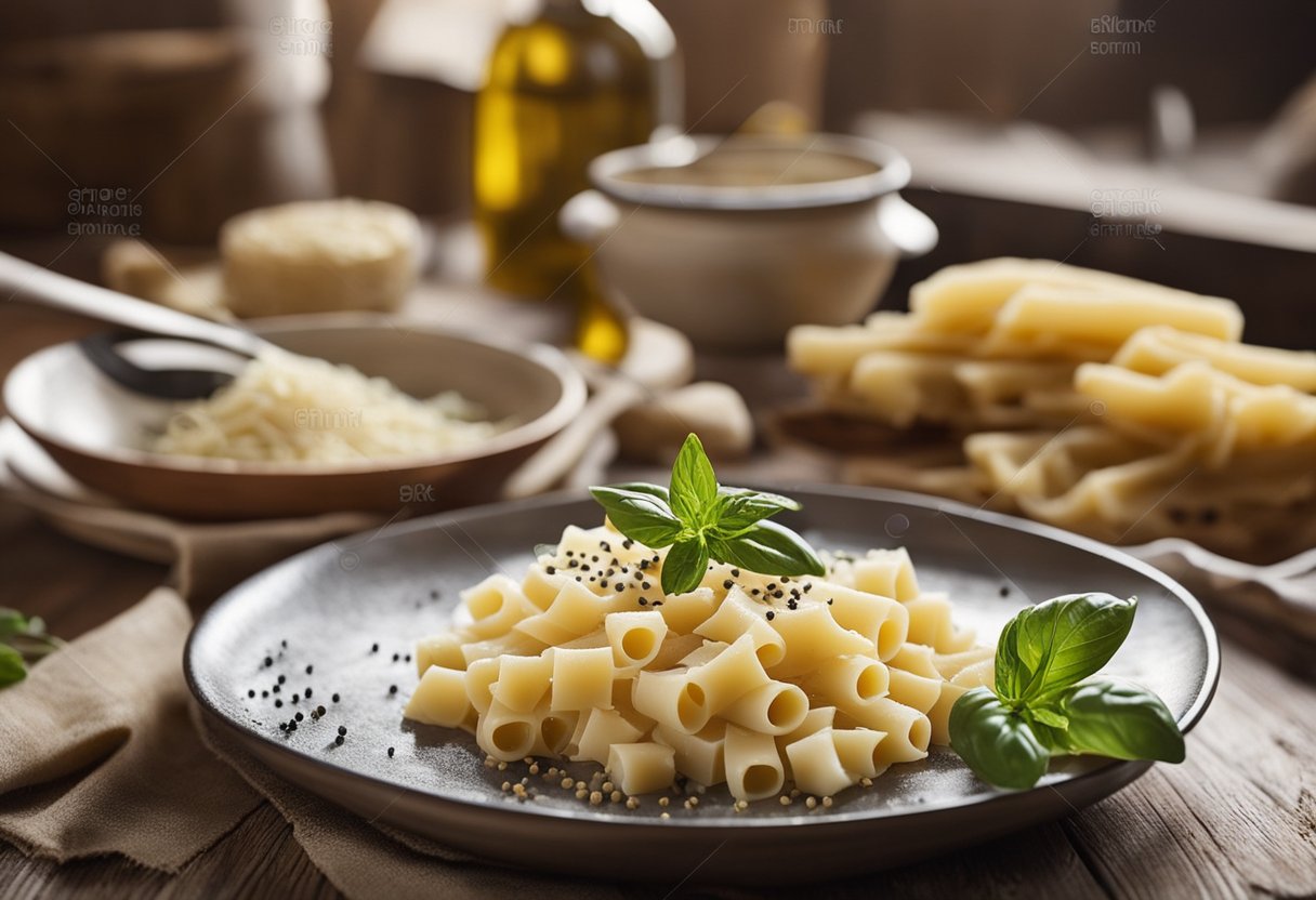 Uma cozinha rústica com ingredientes como queijo Pecorino Romano, pimenta-do-reino e massa, além de técnicas de cozimento tradicionais da região do Lazio, na Itália.