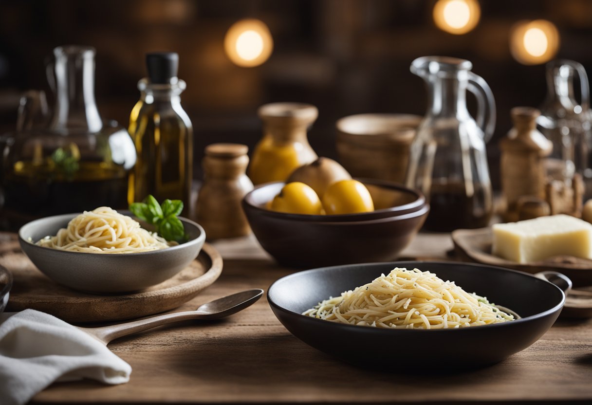 Uma mesa de cozinha rústica posta com ingredientes para Cacio e Pepe, cercada por pratos tradicionais da Lazio e produtos regionais.