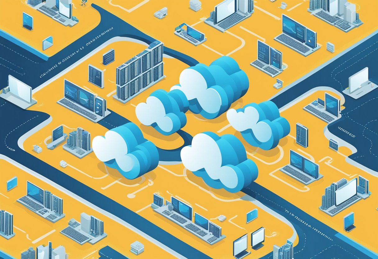 Two cloud servers facing off in a digital landscape, each with their own distinct logo and color scheme