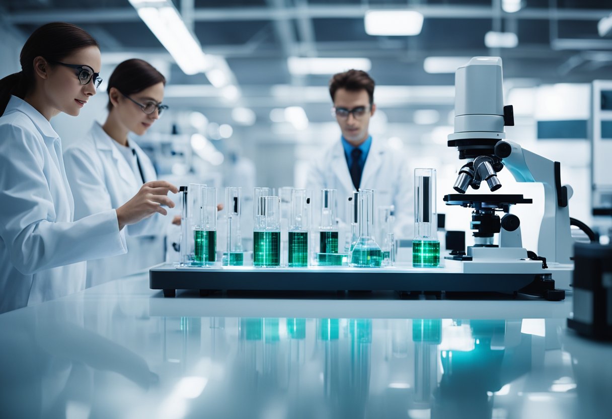 Uma mesa de laboratório com vários equipamentos científicos e uma bateria brilhante feita de grafeno, cercada por pesquisadores em jalecos brancos.