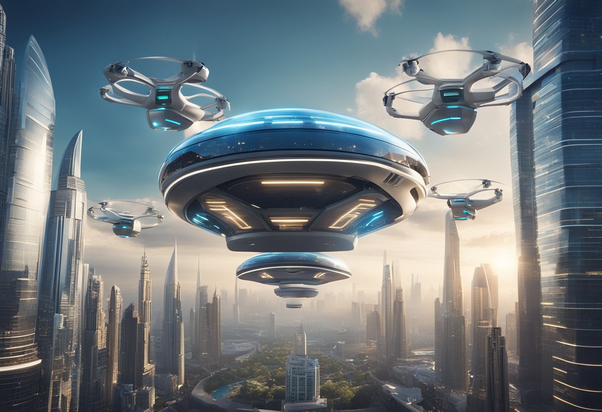 Uma paisagem urbana futurista com carros voadores, painéis publicitários holográficos e edifícios altos e elegantes. Robôs avançados e drones zunejam pelo ar, exibindo a tecnologia de ponta do presente.