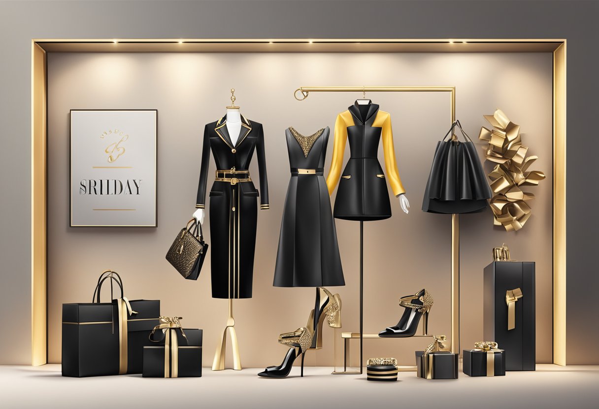 A luxurious display of women's fashion items, including clothing, accessories, and shoes, with Black Friday sale tags and elegant packaging