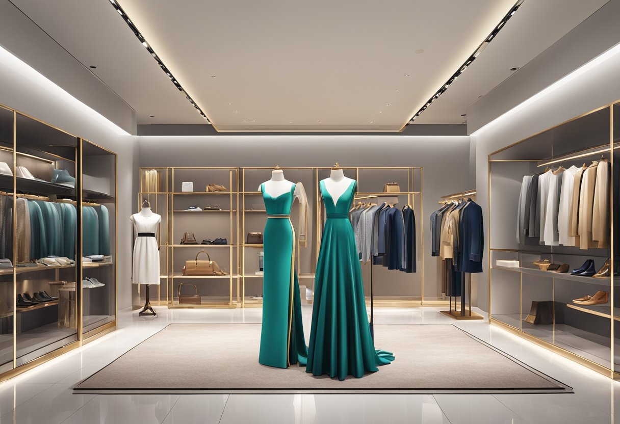 A lavish display of high-end fashion items, from designer clothing to accessories, arranged in a sleek and modern Amazon luxury store