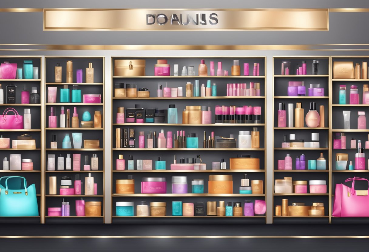 A luxurious display of beauty products on shelves, with Black Friday banners and special offers