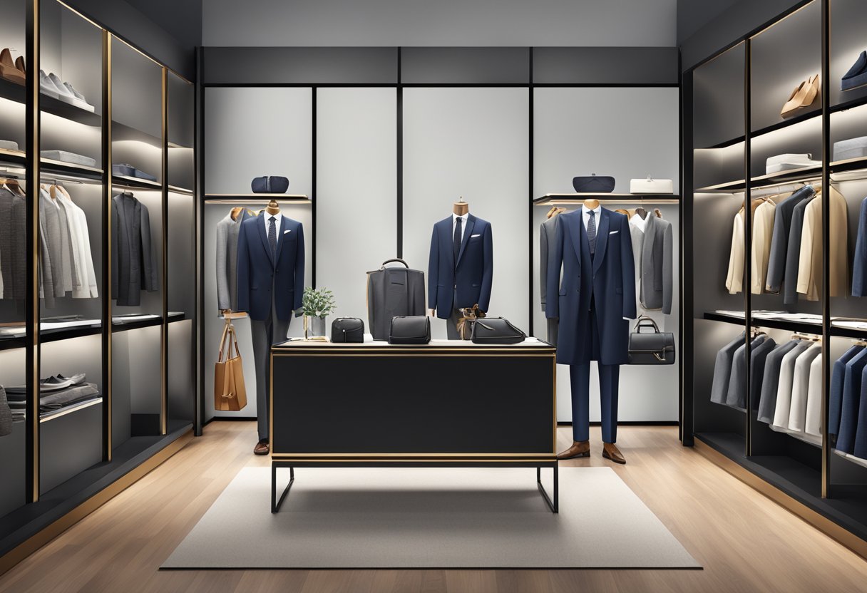 A sleek display of men's fashion items on sale for Black Friday at an Amazon luxury store