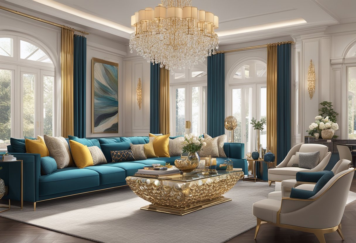 A lavish living room with elegant furniture and decor, surrounded by luxurious home and living products from Amazon's top 10 luxury stores