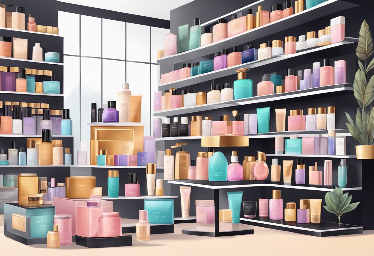 A display of top beauty products and luxury items on sale for Black Friday at an Amazon store