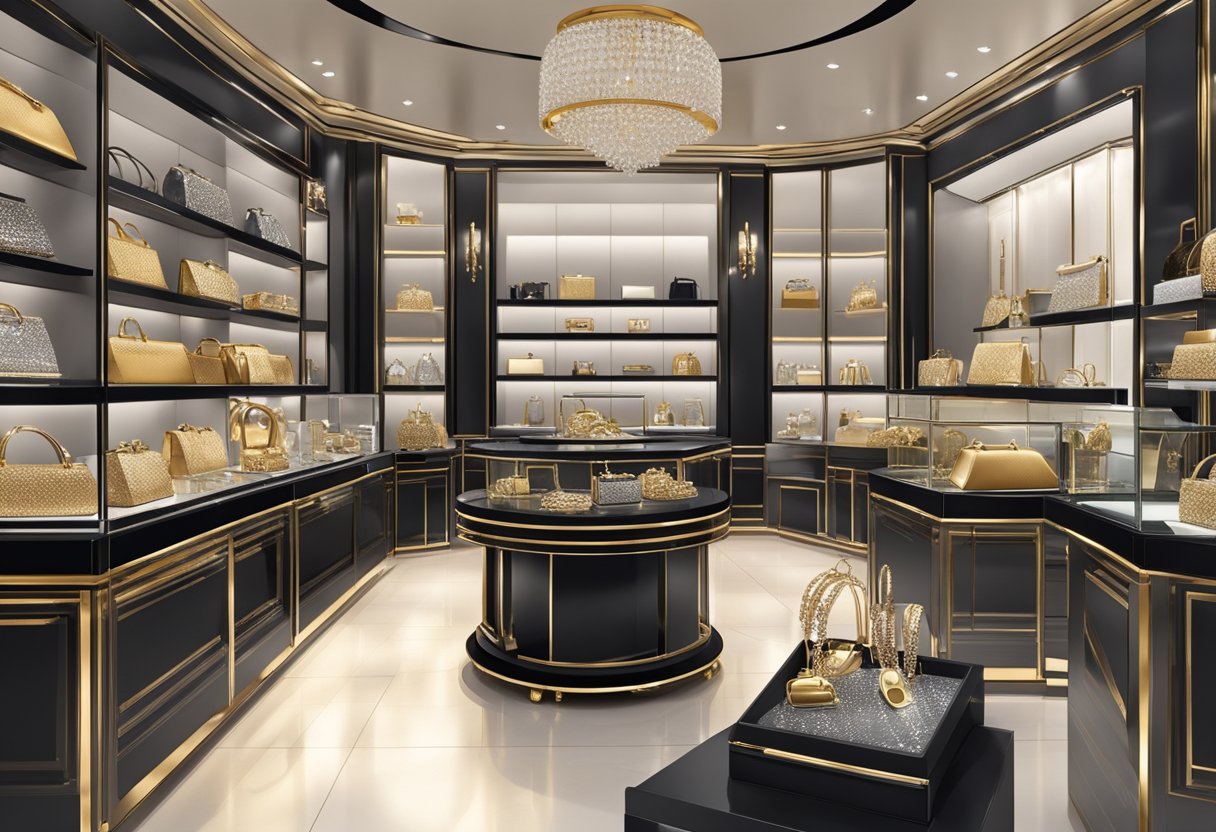 A lavish display of luxurious accessories in an opulent Amazon store, with elegant jewelry, designer handbags, and high-end watches on display for Black Friday shoppers