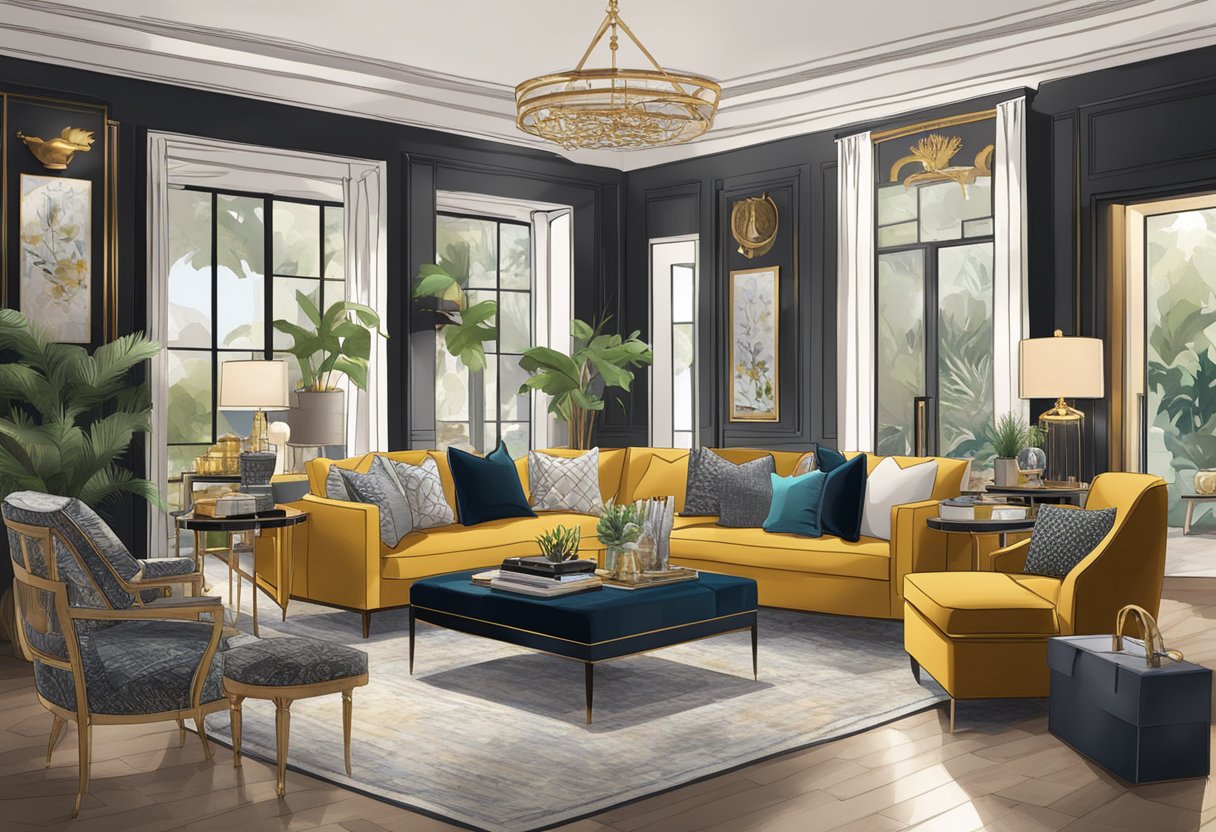 A lavish living room filled with high-end home goods, surrounded by Black Friday sale signs and luxurious items from Amazon's top 10 luxury stores