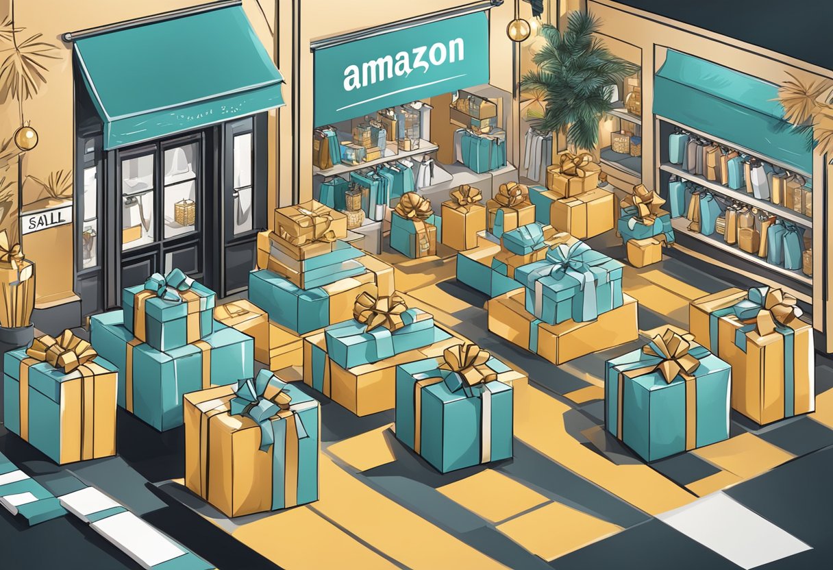 Luxury items displayed in Amazon store, surrounded by Black Friday sale signs and festive decorations