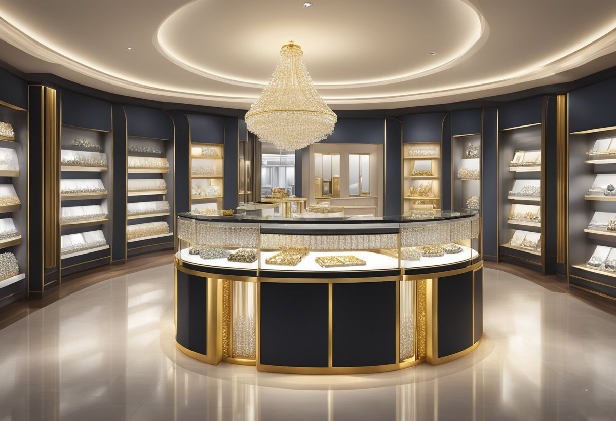 A luxurious display of fine jewelry items in a high-end Amazon store, with sparkling diamonds, gold, and precious gemstones showcased in elegant settings