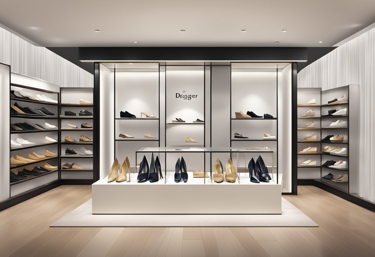 A display of designer shoes on sale in a luxurious setting, with elegant packaging and Black Friday signage