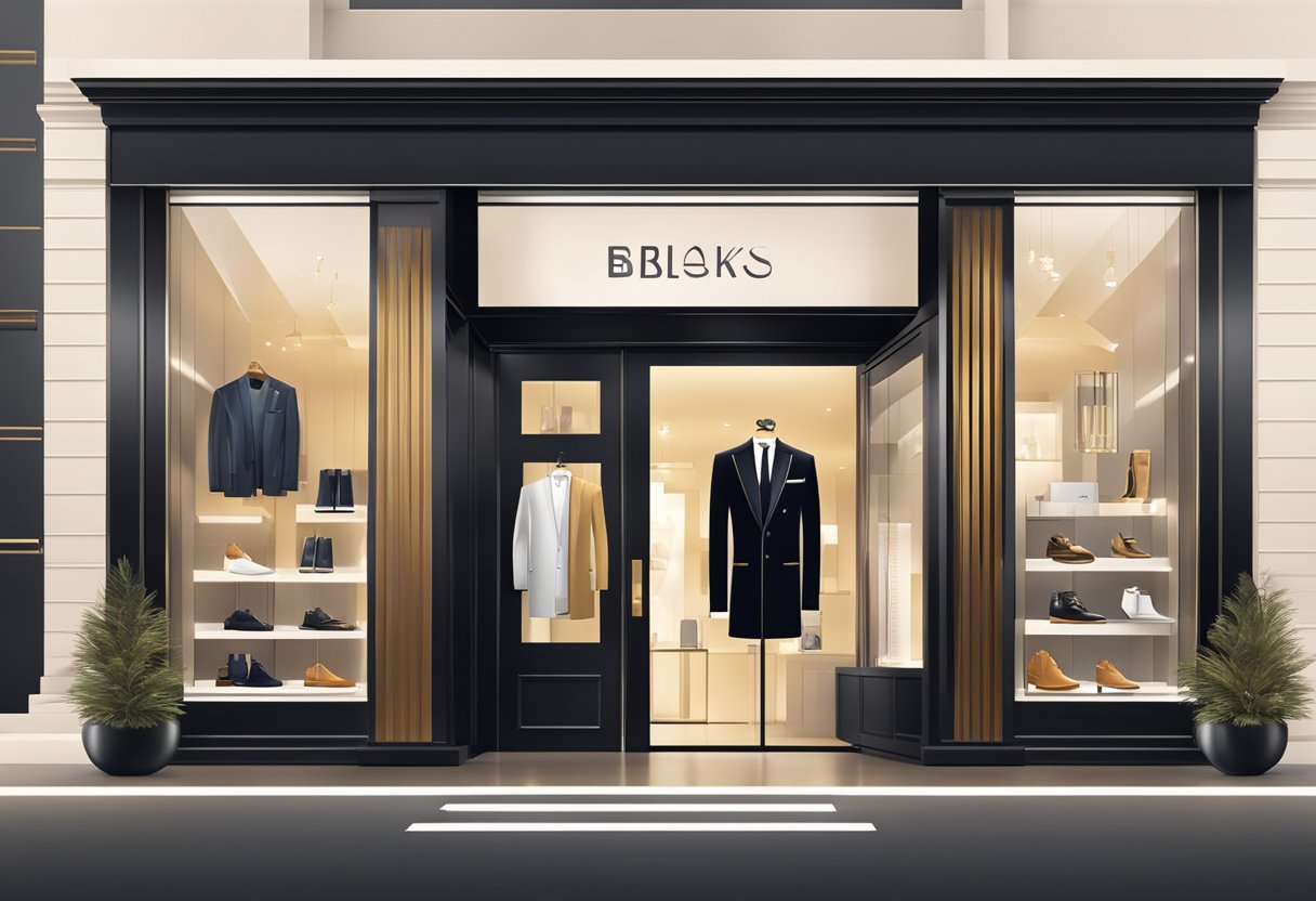 A sleek, modern storefront with bold signage and elegant displays showcasing luxury men's items for Black Friday