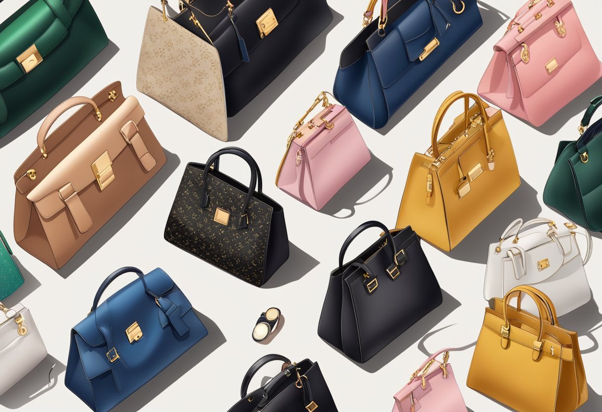 A stylish display of luxury handbags in various colors and styles, surrounded by Black Friday sale signs and banners