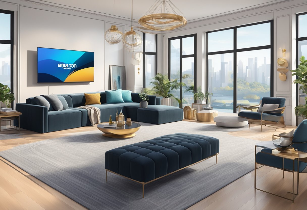 A sleek, modern living room filled with high-tech gadgets and luxurious decor, with a backdrop of the top 10 Amazon Luxury Stores picks for Black Friday displayed on a large screen