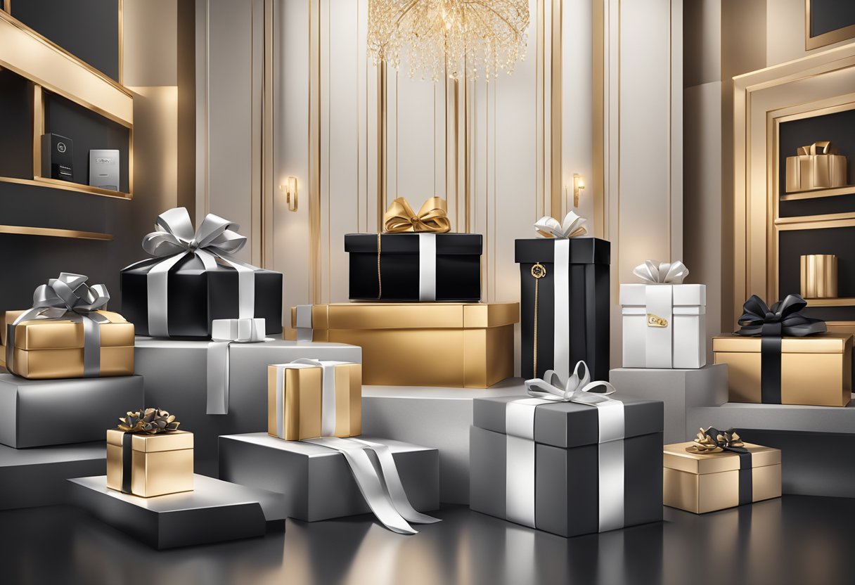 A luxurious display of high-end products with Black Friday deals, featuring elegant packaging and exclusive items from Amazon's top luxury stores