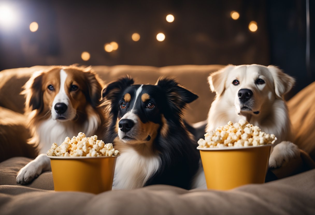 A group of dogs watching a movie together on a big screen, with popcorn scattered around and a cozy blanket spread out