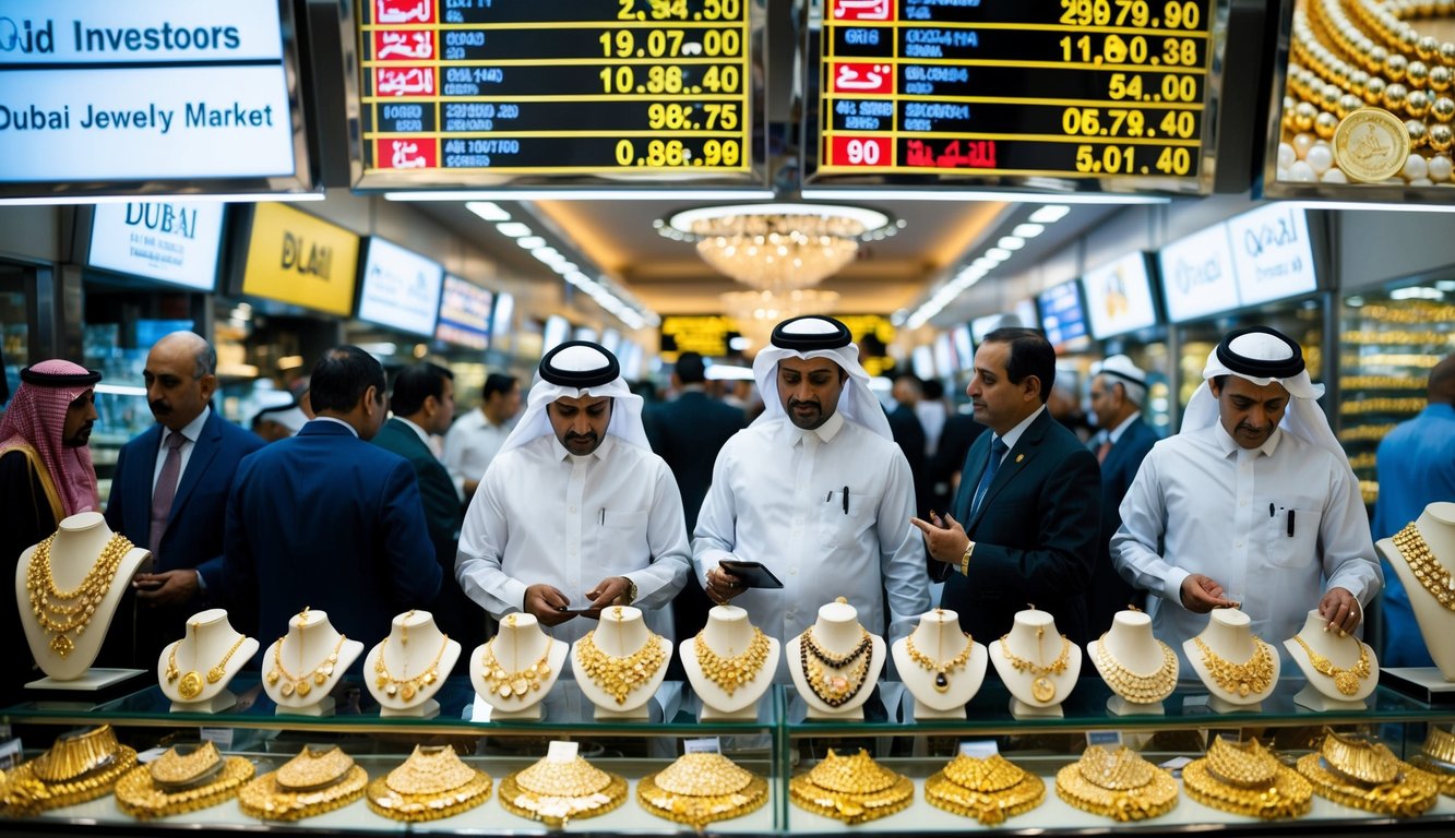 A bustling Dubai market with gold jewelry shops, investors discussing prices, and a prominent gold rate display board