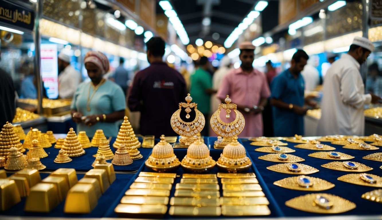 A bustling Dubai gold market with gleaming jewelry, intricate gold bars, and busy traders