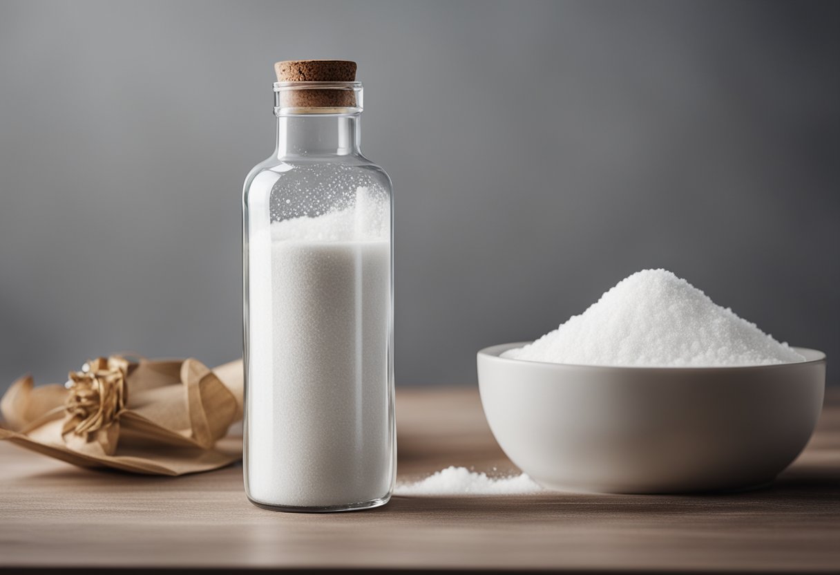 A clear glass bottle filled with white powder on a sleek, modern countertop