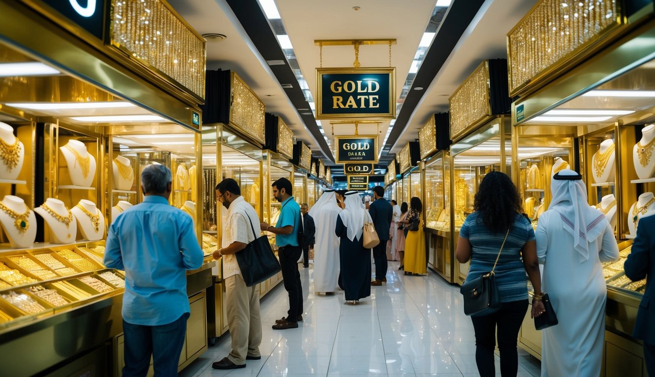 A bustling Dubai market with gold jewelry shops, glittering displays, and customers browsing. Gold rate signs prominently displayed