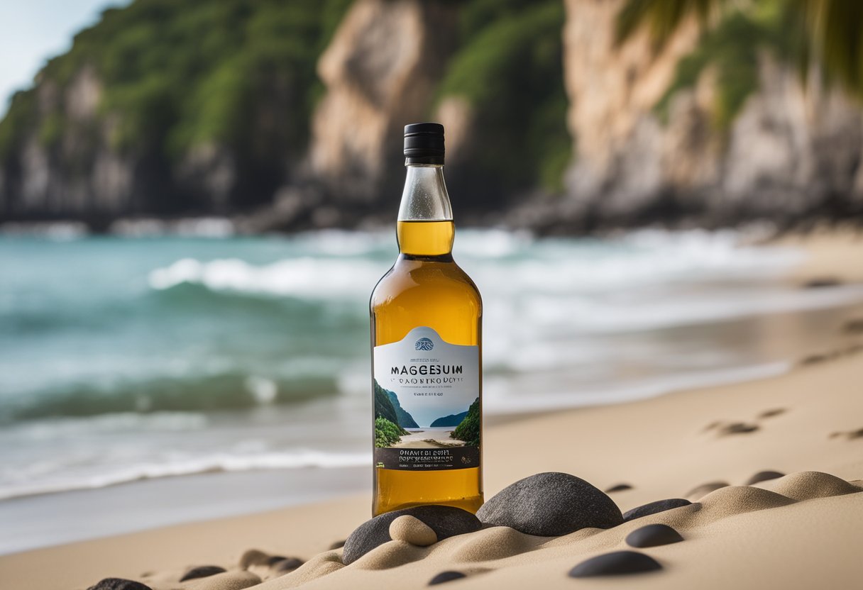 A serene beach with waves crashing against rocks, surrounded by tall cliffs and lush greenery, with a bottle of pure magnesium citrate sitting on the sand