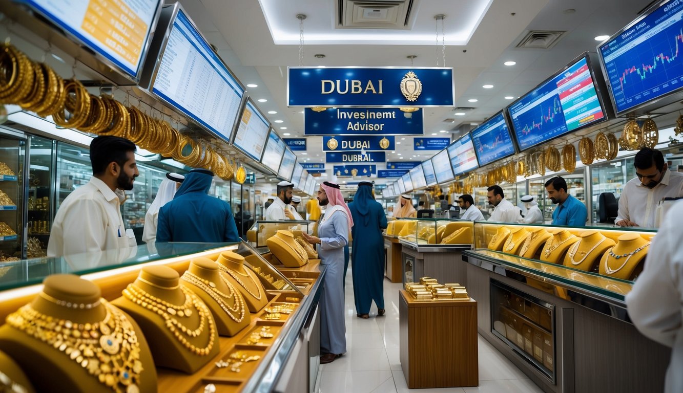 A bustling Dubai market with gold jewelry shops, financial charts, and investment advisors