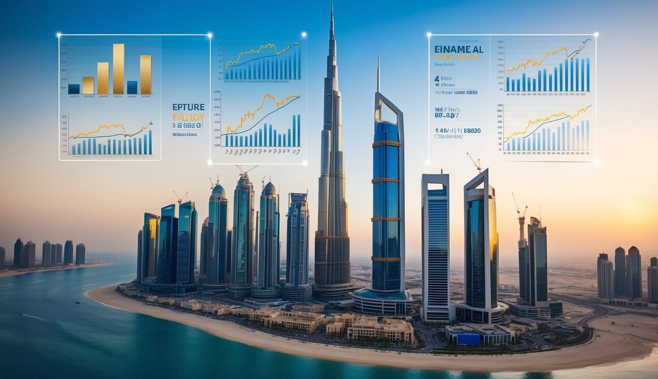 A bustling Dubai skyline with a prominent gold market, surrounded by financial charts and graphs indicating future price movements