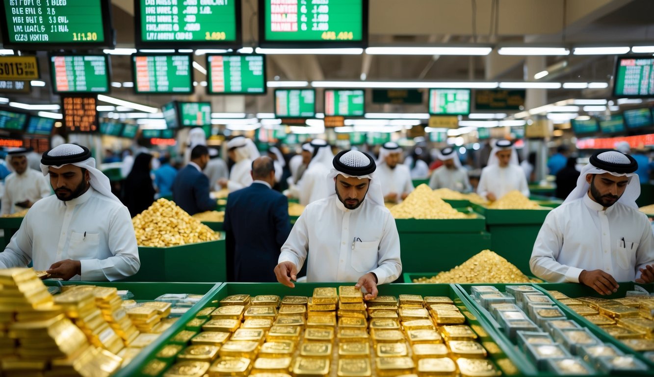 A bustling Dubai gold market with fluctuating price boards and traders discussing future price movements