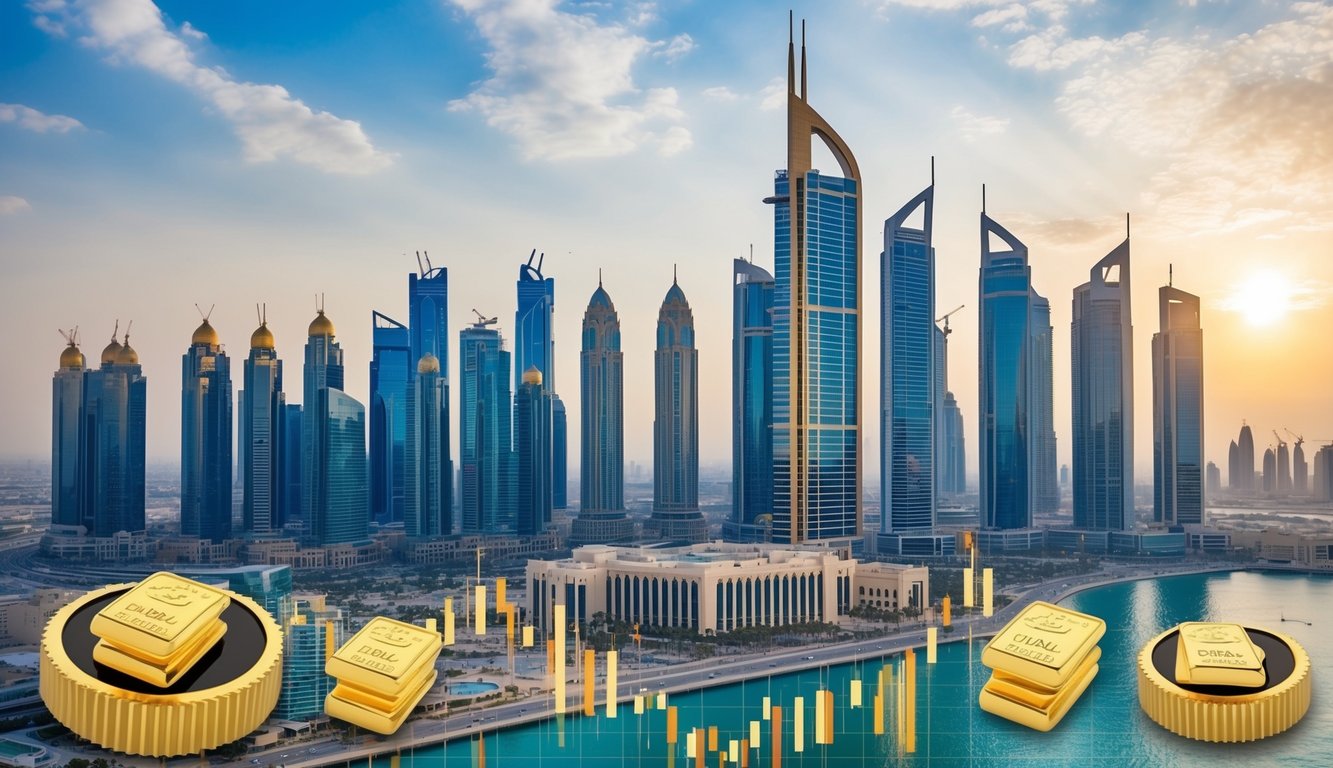 A bustling Dubai skyline with a prominent gold market, surrounded by fluctuating gold price charts and forecasting tools