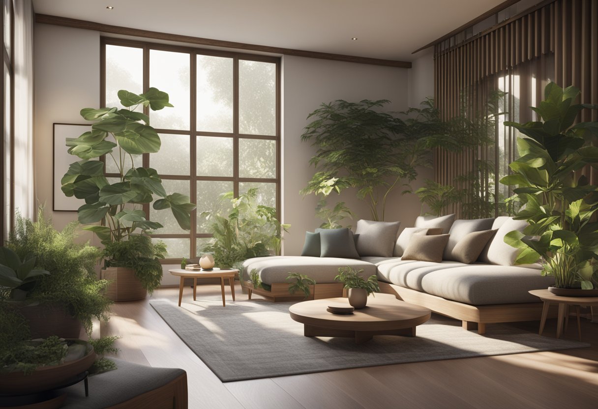 Uma sala tranquila com iluminação suave e natural, elementos de feng shui equilibrados e plantas criando uma energia harmoniosa e pacífica.